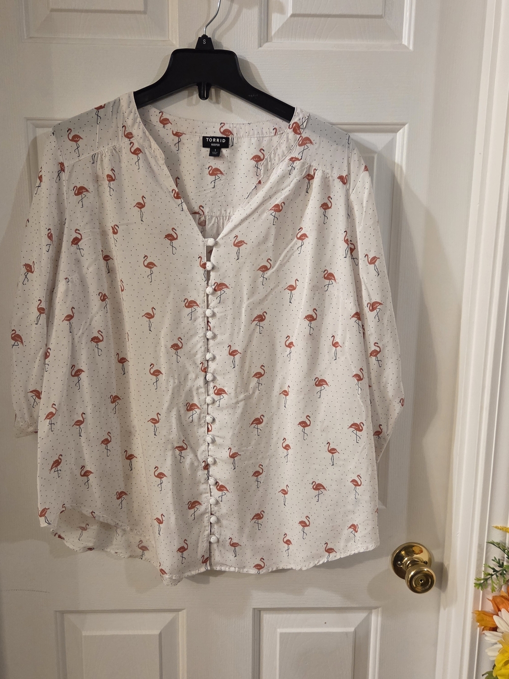 torrid White Blouse with Coral Flamingo Print and Black Dot Accents